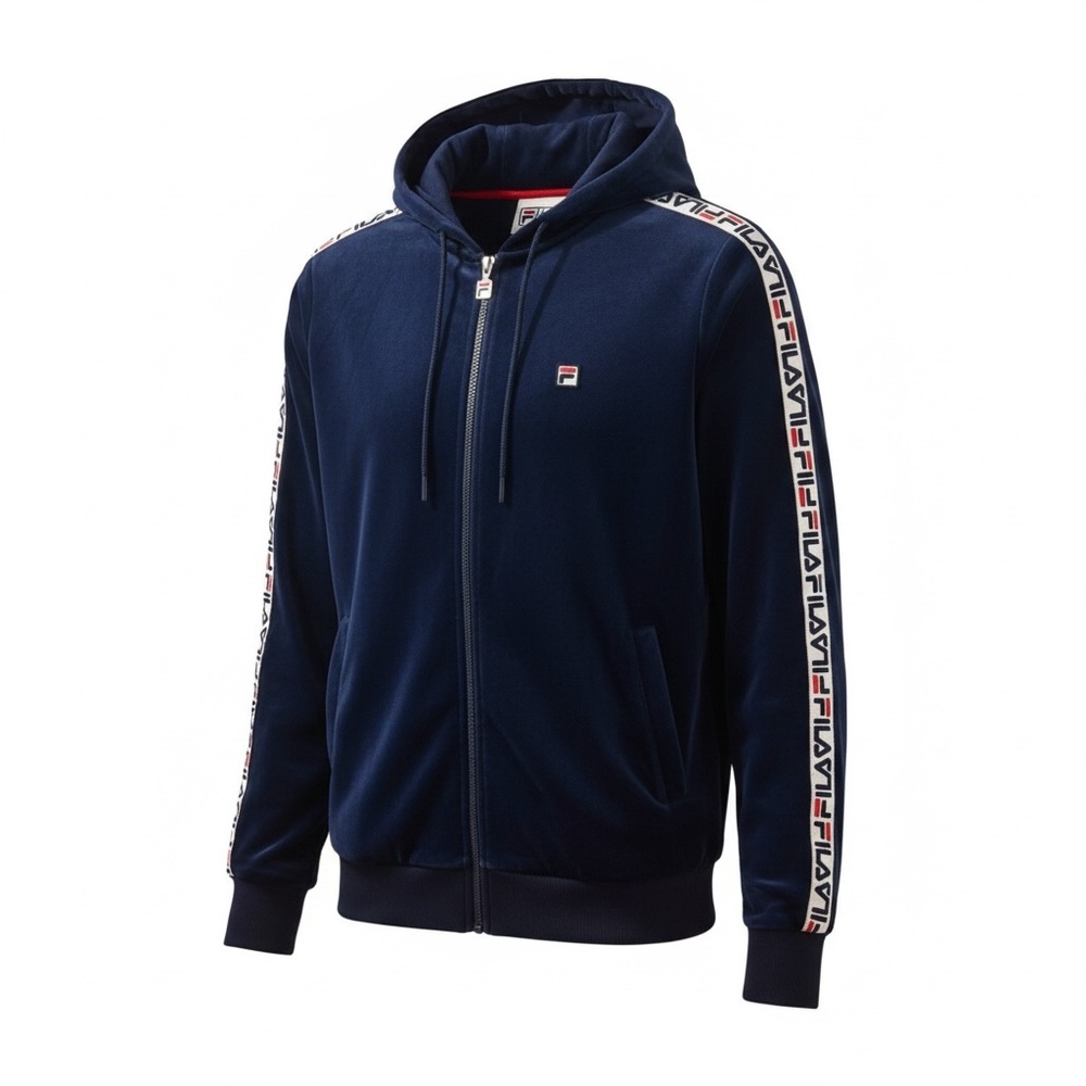 Retro Fila Dark Blue Velour Y2K Jacket with Logo Stripes - Large